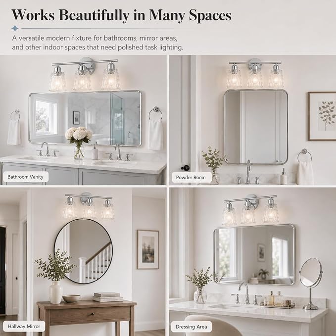Chrome 3 Light Bathroom Vanity Lights with Textured Glass Shades, E26 Sockets, Bathroom Light Fixtures Over Mirror, Modern Lighting Fixtures Wall Lamp Vanity Lights