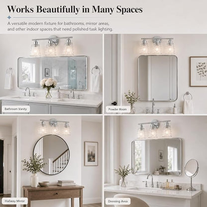 Chrome 3 Light Bathroom Vanity Lights with Textured Glass Shades, E26 Sockets, Bathroom Light Fixtures Over Mirror, Modern Lighting Fixtures Wall Lamp Vanity Lights
