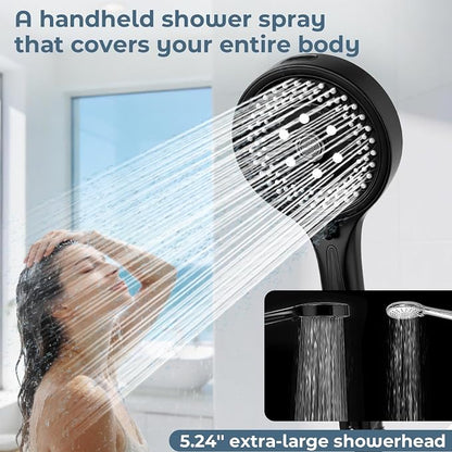 Filtered Handheld Shower Head, High Pressure Black | 7 spray modes, 5.24" wide coverage, 59" SS hose, adjustable holder, built-in filter, G1/2" universal fit, tool-free install