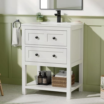 24 Inch Farmhouse Bathroom Vanity with Sink, White | Durable SMC integrated sink with 2 soft-close drawers, open shelf storage and adjustable feet, ideal for small bathrooms