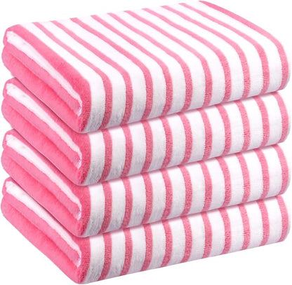 JML Microfiber Beach Towels, 4 Pack, 27" x 55", Stripe Pink | Soft, Super Absorbent, Fast Drying Bath Towel Set for Swimming, Pool, Summer Beach Party