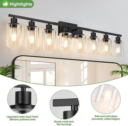 Indoi 8-Light Bathroom Light Fixtures, Matte Black Modern Vanity Lights with Clear Glass Shades, Bathroom Wall Lamp for Mirror Living Room Cabinet Bedroom Porch