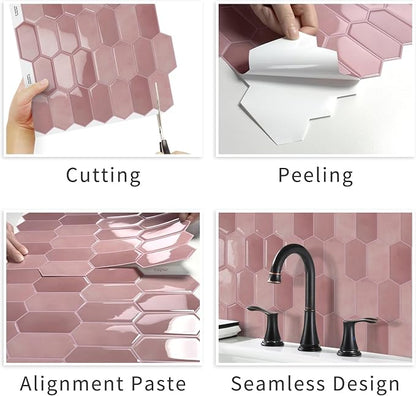 10-Sheet Long Hexagon Peel and Stick Kitchen Backsplash Tiles | 3D Waterproof Self-Adhesive Wall Tile Stick on Backsplash for Kitchen, Bathroom, Fireplace,RV(Pink,12"×12")