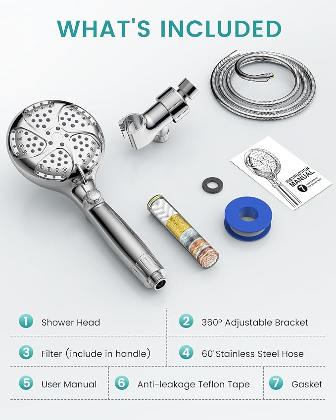 Filtered Shower Head with Handheld, High Pressure Shower Heads with Filters | 7 Mode, ON/OFF Switch for Pet Bath, Detachable ShowerHead for Hard Water, Remove Chlorine, Built-in Power Wash to Clean Tub