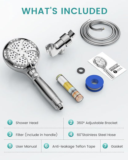 Filtered Shower Head with Handheld, High Pressure Shower Heads with Filters | 7 Mode, ON/OFF Switch for Pet Bath, Detachable ShowerHead for Hard Water, Remove Chlorine, Built-in Power Wash to Clean Tub