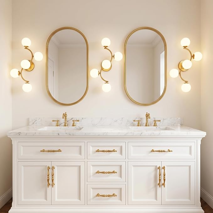 Mieloxiy 5-Light Gold Bathroom Vanity Light, Modern Mid Century Bathroom Light Fixtures Over Mirror with Milk Glass Globe Shades, G9 Wall Sconce for Vanity, Bedroom, Hallway, Bulbs Not Included
