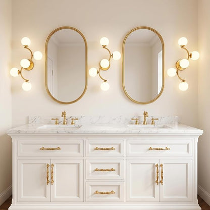 Mieloxiy 5-Light Gold Bathroom Vanity Light, Modern Mid Century Bathroom Light Fixtures Over Mirror with Milk Glass Globe Shades, G9 Wall Sconce for Vanity, Bedroom, Hallway, Bulbs Not Included