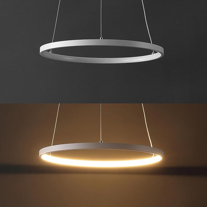 JONATHAN Y 15.75" Matte White Modern Integrated LED Pendant Light, Dimmable Round Hoop Chandelier for Kitchen Island, Dining Room, Adjustable Height Metal Hanging Light (JYL7202I)