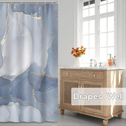 AWERT Small Half Size Stall Shower Curtain with 6 Hooks Shower Stall Curtain 36 x 72 Light Blue Marble Gold 36 inch Shower Curtain for Bathroom/RV and Camper (Blue Marble)