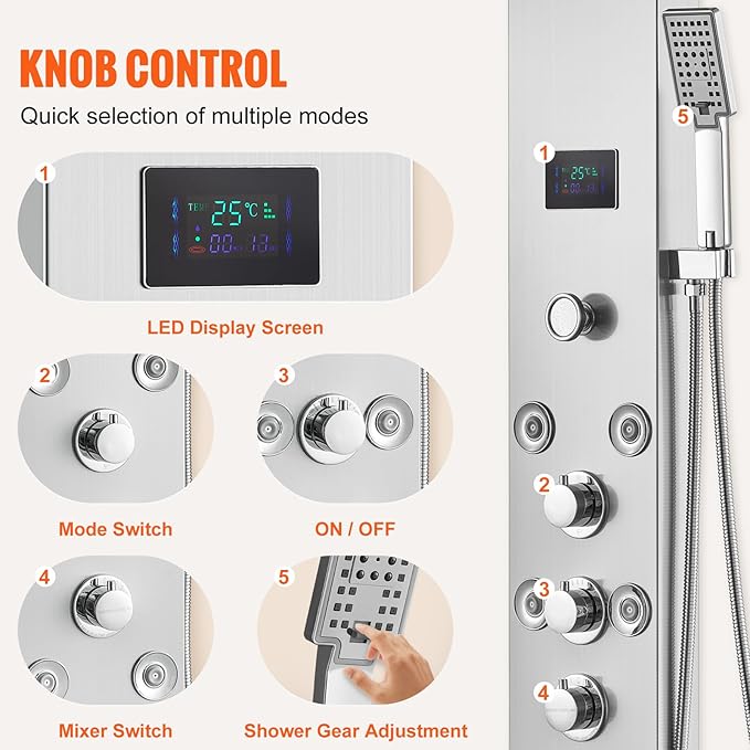VEVOR Shower Panel, 6 Shower Modes, LED & Screen Hydroelectricity Shower Tower Panel System, Rainfall, Waterfall, 8 Massage Jets, Tub Spout, Handheld Shower, Stainless Steel Wall-Mounted Shower Set