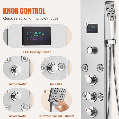 VEVOR Shower Panel, 6 Shower Modes, LED & Screen Hydroelectricity Shower Tower Panel System, Rainfall, Waterfall, 8 Massage Jets, Tub Spout, Handheld Shower, Stainless Steel Wall-Mounted Shower Set