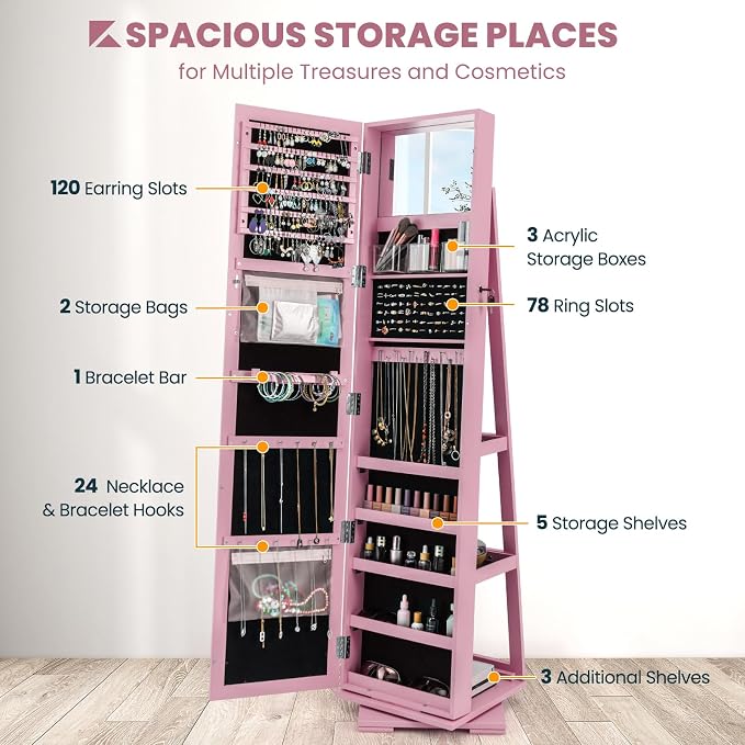 CHARMAID 360° Swivel Jewelry Armoire with Full Length Mirror, Standing Lockable Jewelry Cabinet Organizer, Large Storage Capacity, Inside Makeup Mirror, Back Storage Shelves (Pink)