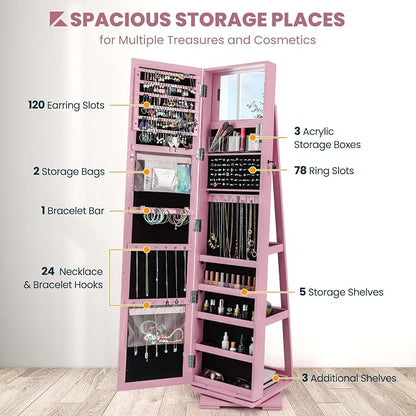 CHARMAID 360° Swivel Jewelry Armoire with Full Length Mirror, Standing Lockable Jewelry Cabinet Organizer, Large Storage Capacity, Inside Makeup Mirror, Back Storage Shelves (Pink)