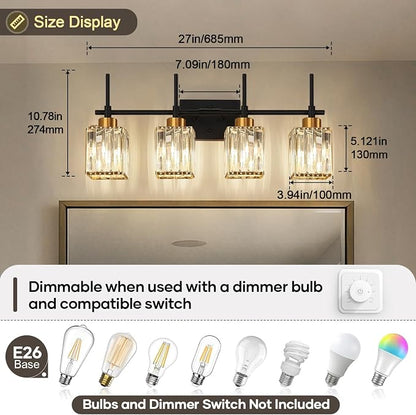 Torondo Modern Crystal Bathroom Vanity Light 4-Lights Gold Bathroom Light Fixtures Over Mirror Black and Gold Vanity Lighting Fixtures Gold Square Shade Brass Wall Sconce (Bulbs Not Include)