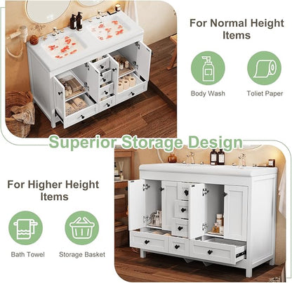 48" Bathroom Vanity with Double Sink, 47.3" W x 19.7" D x 35.4" H Modern Double Bathroom Vanity Cabinet with 2 Doors & 6 Drawers, Solid Wood Frame White Vanity Set with Ceramic Sinks