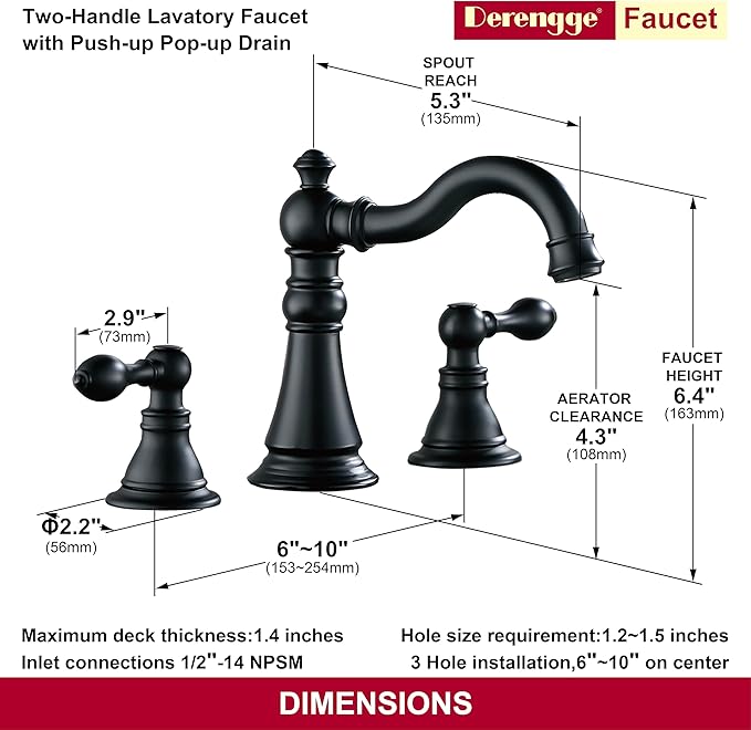 Two Handle Bathroom Sink Faucet Matte Black 3 Hole with Pop up Drain,High Arc Lavatory 8 Inch Widespread Bathroom Faucet,F-8805P-MT