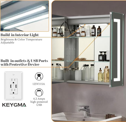 Lighted Medicine Cabinet with Mirror Outlet,30 X 26 Inch,Recessed Or Surface-Mounted Led Medicine Cabinet Mirror for Bathroom Storage,Interior Light, Double Door,Defog,Stepless Dimming