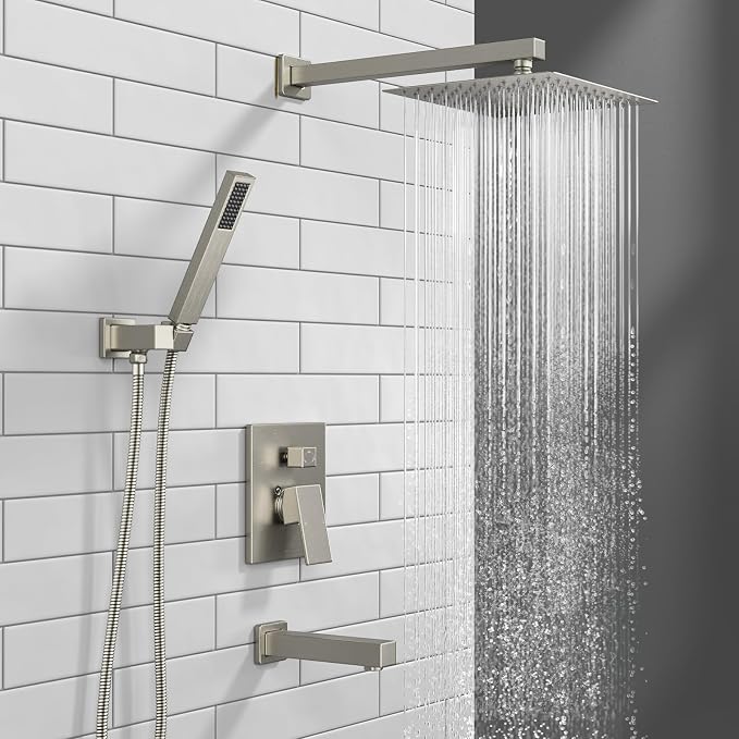Lava Odoro Modern 3-Setting Square Shower and Tub Faucet Set with Shower Head and Handheld Sprayer Brushed Nickel, Rainfall Shower System with Tub Spout, Shower Valve Trim Kit, SF103-BN-T