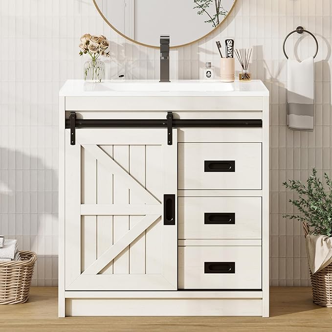 AMERLIFE Farmhouse Bathroom Vanity with Sink Combo, 31in Sliding Barn Door Bathroom Vanity Cabinet Set with Storage Drawers, Metal Handles, Small Single Bath Storage Vanity Sink, Antique White