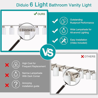 6-Light Bathroom Vanity Light Brushed Nickel Bathroom Light Fixture Vanity Lights with Milky White Frosted Glass Shades Wall Sconces Over Mirror E26 Socket Bulbs Not Included