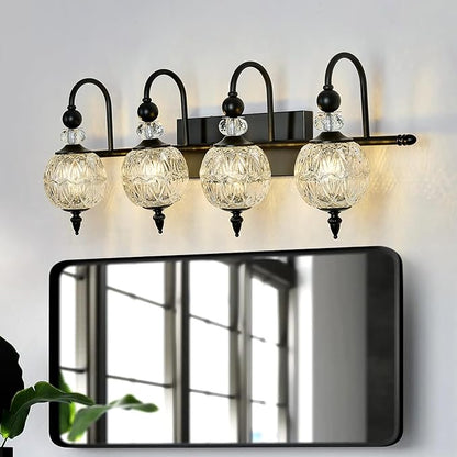 Vintage Bathroom Light Fixtures Black Vanity Light with Glass Globe LampShade 4 Lights Mid Century G9 Bulb Wall Sconce Indoor Vanity Light Over Mirror for Kitchen Bedroom Farmhouse