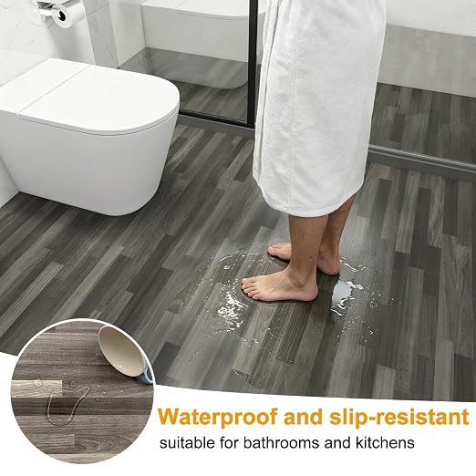 Countewol Stick Vinyl Flooring Roll, Dark Grey Spliced Wood Grain PVC Floor Sheet, Waterproof Scratch Resistant Self Adhesive Flooring for Indoor Home, Camper & Rental House