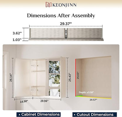 Keonjinn Medicine Cabinet Mirror 30" x 26", Assembly Needed, Brushed Nickel Bathroom Mirror with Storage, Beveled Aluminum Frame, Stepless Adjustable Shelves, Surface Mount or in Wall