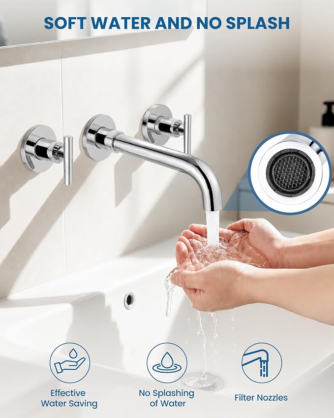 Airuida Wall Mounted Bathroom Sink Faucet,Chrome Polish Vanity Sink Faucet | Lever Handle,3 Holes,360° Widespread Swivel Spout,Rotatable Bathroom Faucet