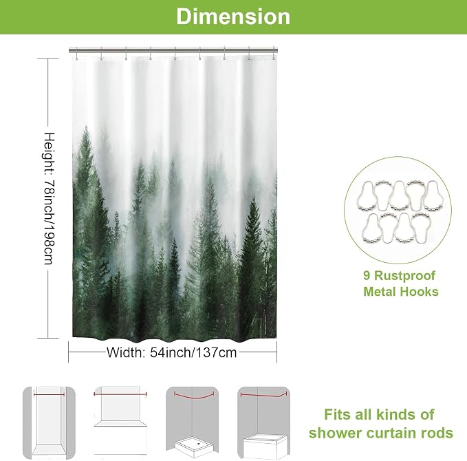 ORTIGIA 54x78 Misty Forest Stall Shower Curtain for Small Bathroom, Green Narrow Nature Woodland Shower Curtain Set with Hooks, Waterproof Fabric Pine Tree Fog Magic Home Bath Curtain