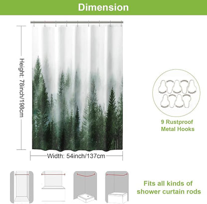 ORTIGIA 54x78 Misty Forest Stall Shower Curtain for Small Bathroom, Green Narrow Nature Woodland Shower Curtain Set with Hooks, Waterproof Fabric Pine Tree Fog Magic Home Bath Curtain