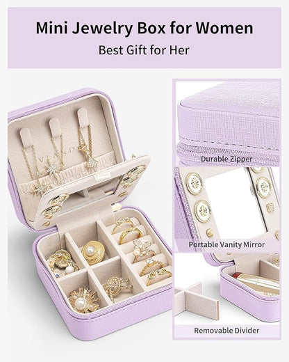 VLANDO Travel Jewelry Case with Mirror, Storage 3 Pairs of Stud Earrings | Necklace Hook for Anti-tangle, Removable Dividers, Waterproof PU Leather,Portable Storage for Rings, Necklace Gifts for Women