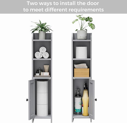 Homhedy Small Bathroom Storage Cabinet, Narrow Toilet Paper Cabinet | Corner Floor Cabinet with Door and Shelves, Slim Bathroom Cabinet for Small Spaces, 7.9" D x 7.1" W x 31" H, Gray