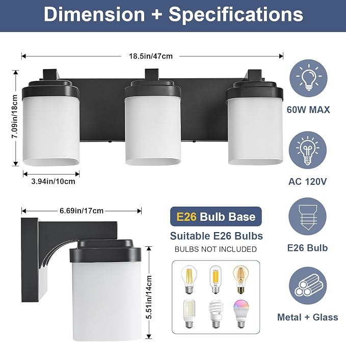 Vanity Lights for Bathroom, Modern Farmhouse Lighting Fixtures | 3-light black bathroom light fixtures over mirror, 17 inches bathroom light wall sconce with milky white square glass shade