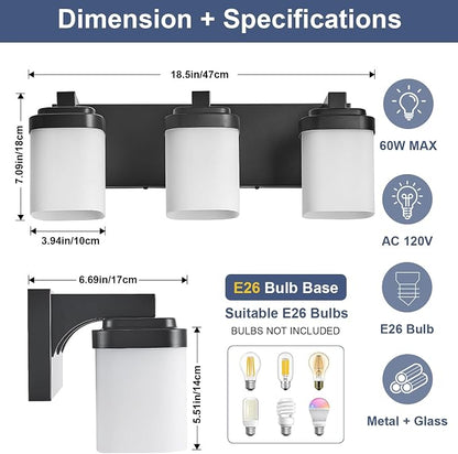 Vanity Lights for Bathroom, Modern Farmhouse Lighting Fixtures | 3-light black bathroom light fixtures over mirror, 17 inches bathroom light wall sconce with milky white square glass shade