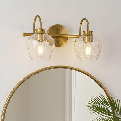 Brushed Gold Vanity Light, 2 Light Bathroom Light Fixtures with Clear Diamond-Shape Hammered Glass, Brass Vintage Ripple Wall Lights for Hallway, Bedroom, Anti-Rust, E26 Base (No Bulbs)