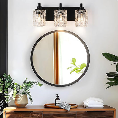 Bathroom Light Fixtures, 3-Light Black Bathroom Vanity Light, Modern Wall Sconces with Clear Glass Shade, Black Wall Lights for Mirror Kitchen Bedroom Hallway, E26 Base