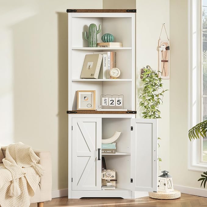 TEENFON Farmhouse Corner Cabinet, 70" H Tall Corner Hutch with 5 Shelves & 2 Barn Doors, Bathroom Cabinet with Adjustable Shelf, for Living Room, Kitchen, Bathroom, White