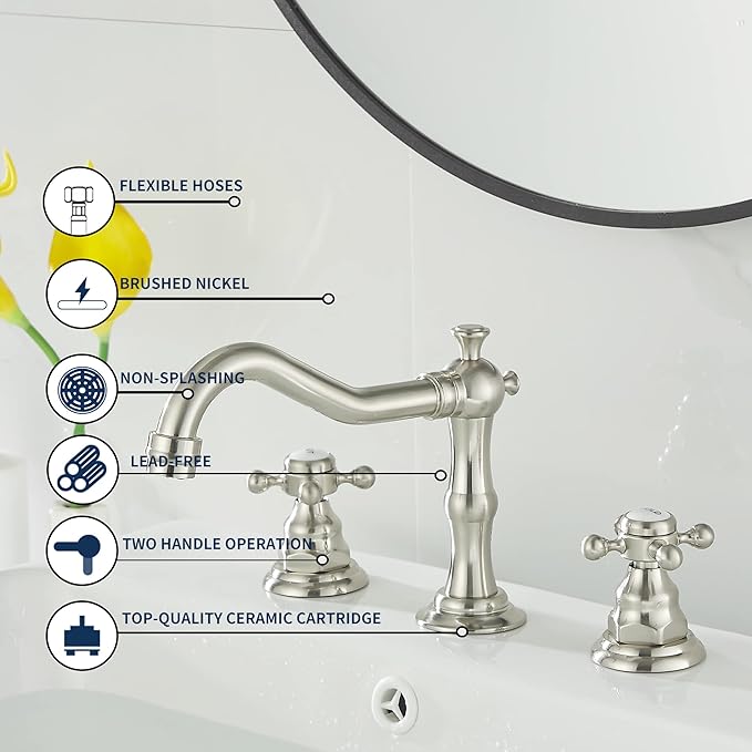 GGStudy 2 Handles 3 Holes Faucet Widespread Bathroom Sink Faucet Brushed Nickel Basin Tap Mixer Faucet Matching Pop Up Drain
