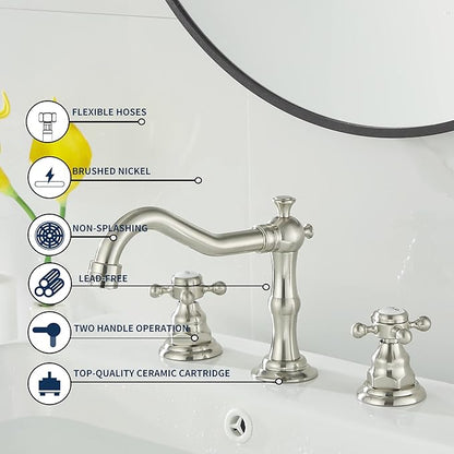 GGStudy 2 Handles 3 Holes Faucet Widespread Bathroom Sink Faucet Brushed Nickel Basin Tap Mixer Faucet Matching Pop Up Drain