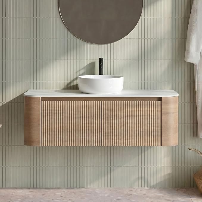 48" Preassembled Floating Bathroom Vanity with Round Sink, Oak | Mid-Century Modern Style, Fluted & Soft-Close Drawer with U-shaped Wall, Sinterted Stone Countertop, Towel Rack Included