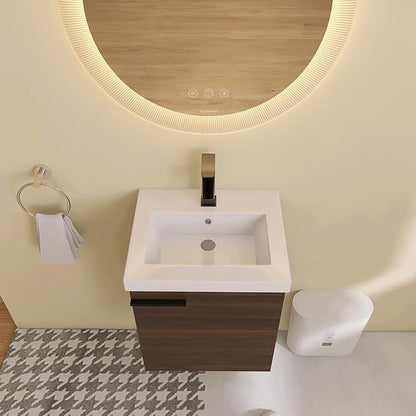 18 Inch Bathroom Vanity with Sink,Wall Mounted Bathroom Vanity Sink Combo with Soft Close Door for Small Space,Modern Floating Bathroom Vanity with Top Basin &Brown Storage Cabinet