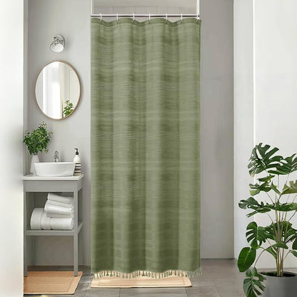 Sage Green Boho Stall Shower Curtain, Narrow Soft Fabric Striped Linen Textured Bathroom Shower Curtain with Tassel, Modern Farmhouse Machine Washable Bath Decor, 36Wx72L Inches