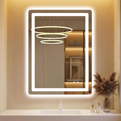 LED Bathroom Mirror with Lights, 24 x 32 Lighted Vanity Wall Mirror | Backlit and Frontlit, Anti-Fog, Dimmable 3 Colors, Shatter-Proof Tempered Glass, Memory Function, Plug-in/Hardwired