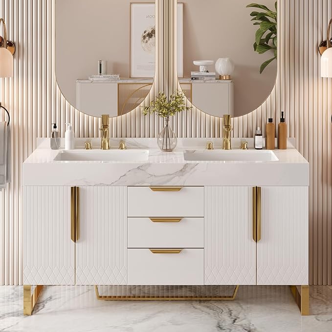 Bathroom Vanity with Sink, Modern Bathroom Vanity with Faux Marble Top, Gold Hardware & Soft-Close Drawers for Bathroom Storage (59.1 Inch, White, Double Sink & Freestanding)
