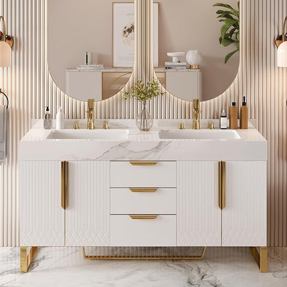 Bathroom Vanity with Sink, Modern Bathroom Vanity with Faux Marble Top, Gold Hardware & Soft-Close Drawers for Bathroom Storage (59.1 Inch, White, Double Sink & Freestanding)