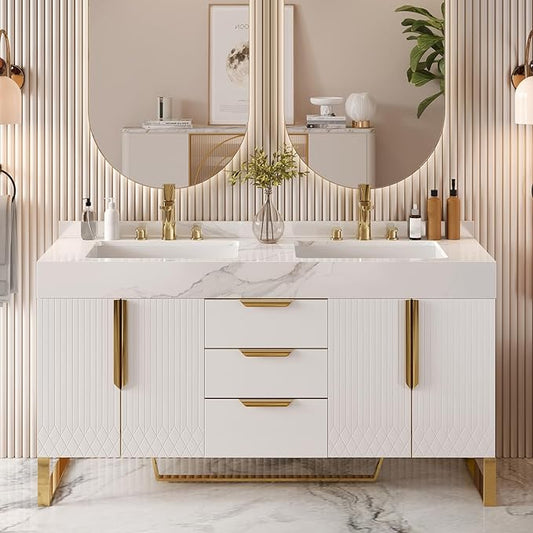 Bathroom Vanity with Sink, Modern Bathroom Vanity with Faux Marble Top, Gold Hardware & Soft-Close Drawers for Bathroom Storage (59.1 Inch, White, Double Sink & Freestanding)