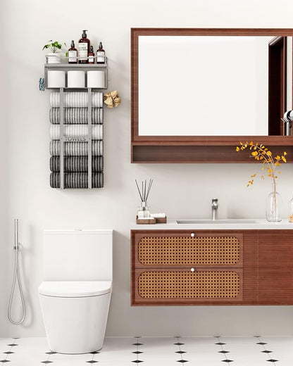 Aetyord Towel Racks for Bathroom - Wall Mounted Metal Rack with Wood Plank, Bathroom Storage Organizer, Towel Holder Stores 6 Large Rolled Towels Easily, All Grey