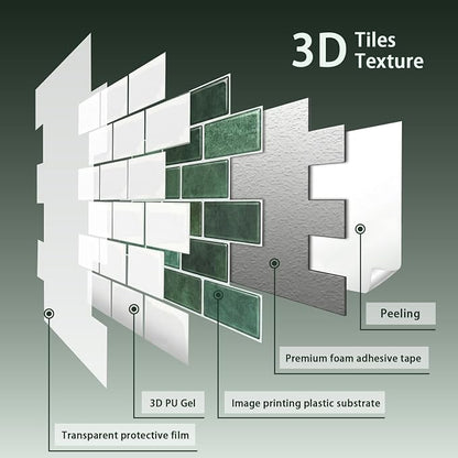 Arttown Peel and Stick 3D Wall Backsplash, 10-Sheet, 12" × 12" Green | Subway Tile Self Adhesive Thicker Design Wall Tiles Panel Wallpaper for Bathroom Balcony Kitchen