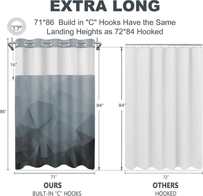 No Hook Shower Curtain with Snap in Liner Set, Grey, 71x86 | Waterproof Fabric for Bathroom, Modern Hotel Style Ombre Design, Mesh Top Window, Machine Washable, Quick Install