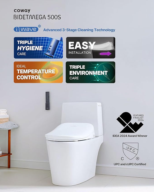 Coway Electronic Bidet Round Toilet Seat with Instantaneous Water Heating, Heated Seat and Dryer, Auto Open and Close Lid, Night Light, Deodorizer, Stainless Nozzle, Remote Control 500S